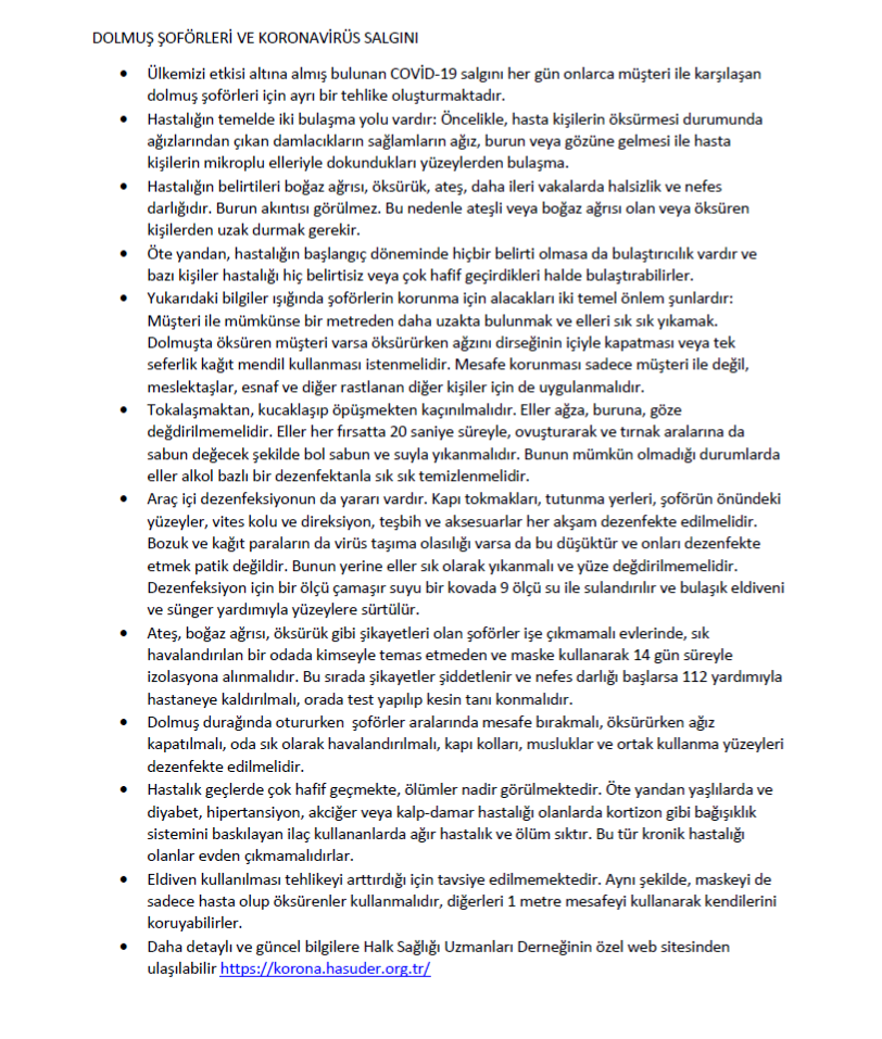 DOLMUŞŞOFÖRLERİ VE KORONAVİRÜS SALGINI